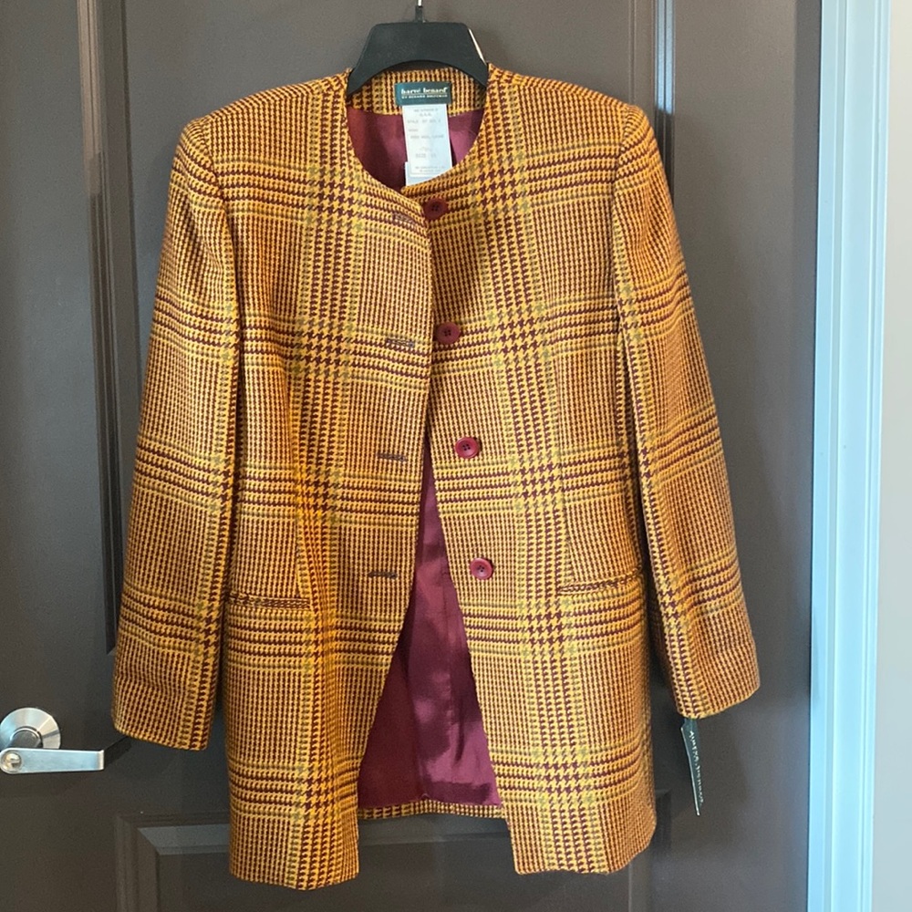 NWT Harve Benard Collarless Plaid Wool Blazer